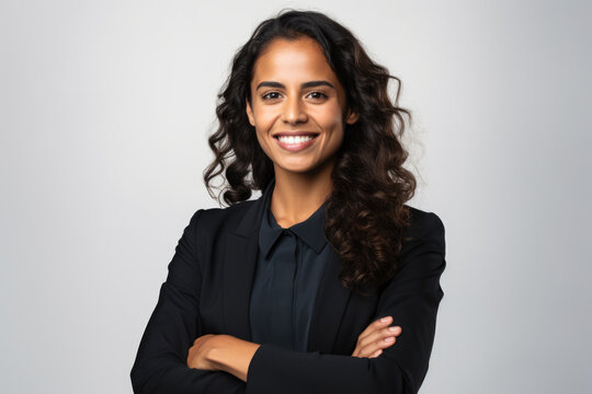 Professional woman wearing business suit smiles confidently with her arms crossed. Portray success, confidence, and professionalism in various business and corporate contexts.
