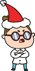 hand drawn line drawing of a annoyed woman wearing santa hat