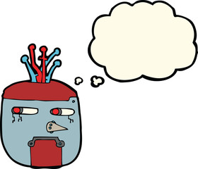 cartoon gold robot head with thought bubble