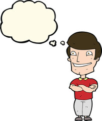 cartoon grinning man with thought bubble