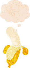 cartoon banana with thought bubble in grunge distressed retro textured style