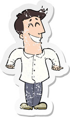 retro distressed sticker of a cartoon man shrugging shoulders
