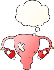 cartoon beat up uterus with boxing gloves with thought bubble in smooth gradient style