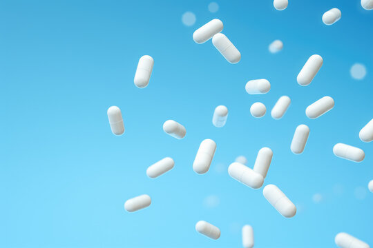 Bunch of pills suspended in mid-air. This versatile picture can be used to depict concepts related to medication, healthcare, pharmaceuticals, drug abuse, addiction, or even scientific research.