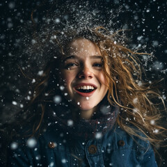 Young Girl Embracing Snowfall on a Cold Winter Night - Celebrating the Season's Simple Joys & Moments. Generative AI.