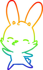 rainbow gradient line drawing of a curious waving bunny cartoon