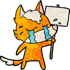 sad little fox cartoon character with protest sign