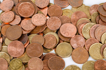 Euro coins background. Close-up of euro coins. Money background.Coins stacked on top of each other in different positions 
