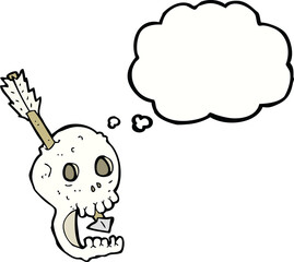 funny cartoon skull and arrow with thought bubble
