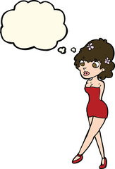 cartoon woman posing in dress with thought bubble