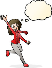 cartoon woman waving dressed for winter with thought bubble