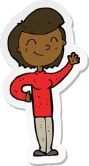 sticker of a cartoon friendly waving woman