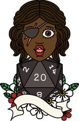 Retro Tattoo Style human rogue with natural 20 dice roll