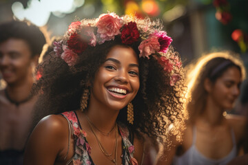 Obraz premium Woman with flowers in her hair smiles at camera. This photo can be used to convey happiness, joy, and natural beauty.