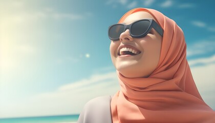 Radiant 25-Year-old muslim woman in hijab smiling on a sunny beach