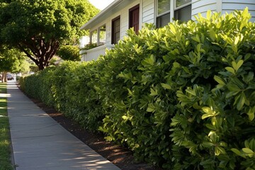 Cherry laurel hedge divides sidewalk and residential property. Generative AI