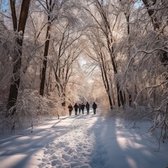 People walking through a winter forest