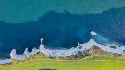 Amazing aerial view of the famous Old Harry Rocks, the most eastern point of the Jurassic Coast, a...