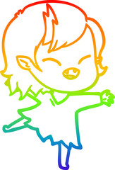 rainbow gradient line drawing of a cartoon laughing vampire girl