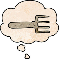 cartoon fork with thought bubble in grunge texture style
