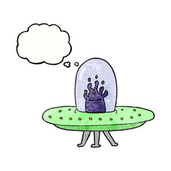 freehand drawn thought bubble textured cartoon flying saucer