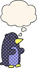 cartoon penguin with thought bubble in comic book style