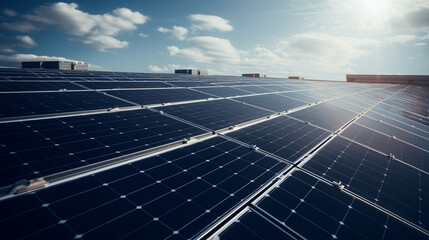 Solar panels on sunny day with sunlight and blue sky. Eco-friendly energy concept.