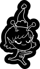 smiling alien girl quirky cartoon icon of a running wearing santa hat
