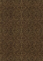 Hand-drawn unique abstract symmetrical seamless gold ornament with golden glittery splatter on a dark brown background. Paper texture. Digital artwork, A4. (pattern: p02-2e)