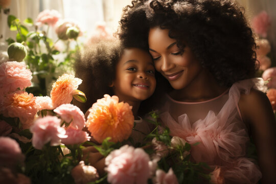 Woman and little girl are pictured in beautiful flower garden. This image can be used to depict family bonding, nature, gardening, or leisurely outdoor activity.