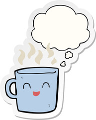 cute coffee cup cartoon with thought bubble as a printed sticker