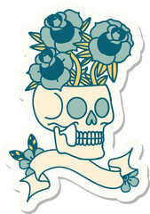 tattoo style sticker with banner of a skull and roses