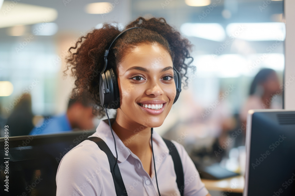 Poster woman wearing headset sitting in front of computer. this image can be used to illustrate concepts re