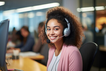 Woman wearing headset sitting in front of computer. Ideal for depicting customer support, telemarketing, or remote work scenarios.