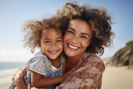 Woman gently holds child on beautiful sandy beach. This heartwarming image captures love and bond between mother and her child. Perfect for family-oriented projects and parenting-related content.
