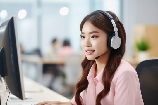 Woman wearing headset sits in front of computer, working and communicating. This image can be used to represent customer service, telemarketing, or remote work.