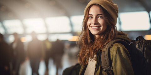 Portrait of a young, smiling woman in autumn clothes in the airport with copy space. Woman travelling concept. 