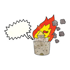 freehand speech bubble textured cartoon burning castle