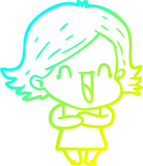 cold gradient line drawing of a cartoon laughing woman