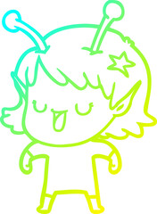 cold gradient line drawing of a happy alien girl cartoon
