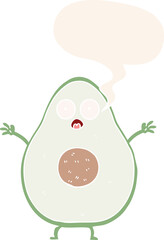cartoon avocado with speech bubble in retro style