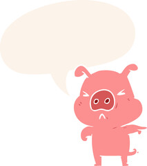 cartoon angry pig pointing with speech bubble in retro style