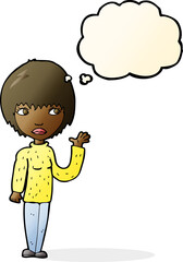 cartoon woman waving with thought bubble