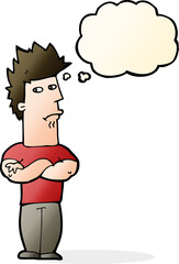 cartoon man sulking with thought bubble
