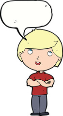 cartoon happy man with folded arm with speech bubble