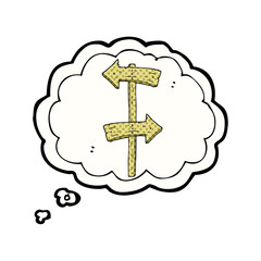freehand drawn thought bubble cartoon wooden direction sign