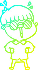 cold gradient line drawing of a cartoon boy wearing spectacles