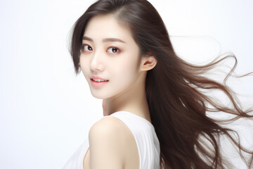 A woman with long brown hair posing for a picture. Suitable for various uses.