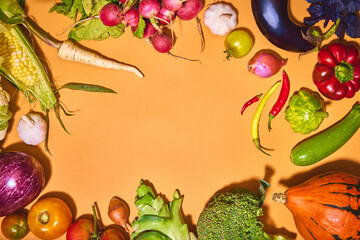 Top view of many different vegetables on orange background. Pumpkin, garlic, broccoli, onion, radish, tomato. Concept of vegetables, garden, harvesting, organic food, farmer market. Copy space for ad