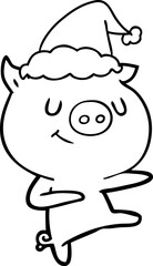 happy hand drawn line drawing of a pig dancing wearing santa hat